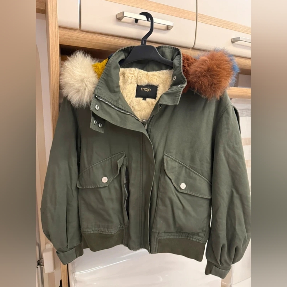 Maje Green Jacket with Multicolor Fur Trim